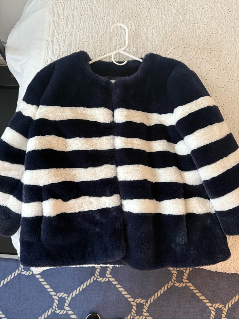 KULE Navy and White Striped Faux Fur Coat